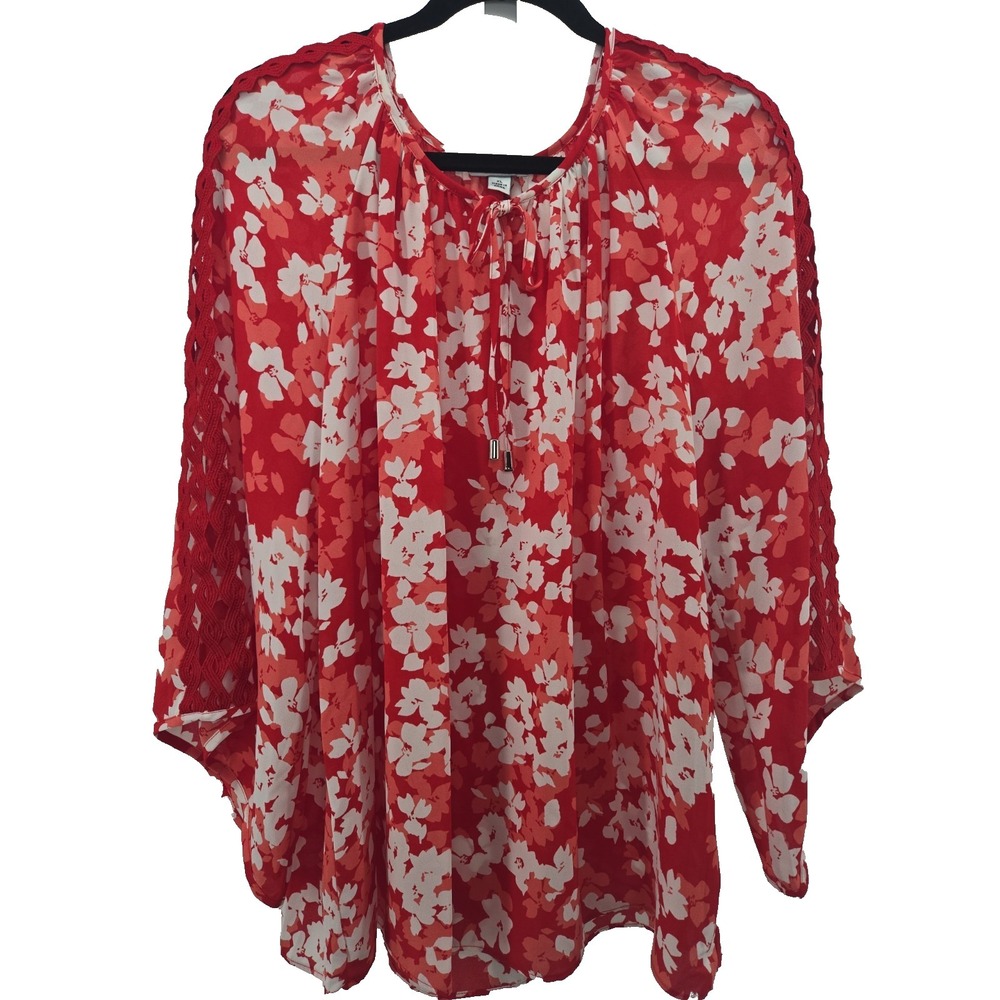 Counterparts Women's XL ‎ Red Floral Chiffon Tie-Front Lattice Sleeve Blouse Top